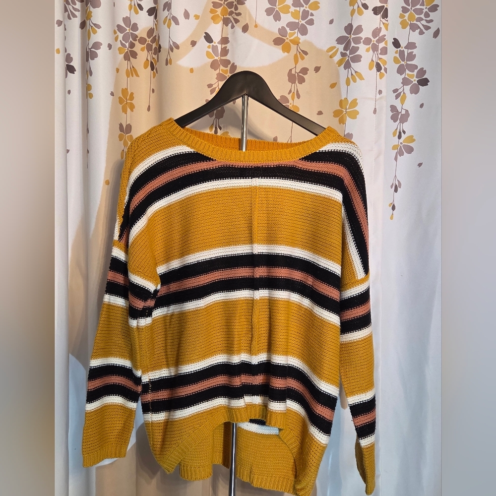 Chic Cozy Striped Mustard Sweater - Size Womans Medium